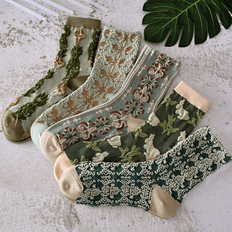 5 Pairs Women Spring Vintage Plant Jacquard Socks