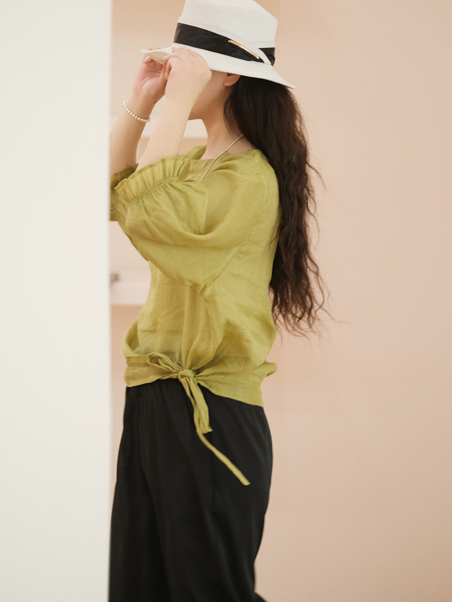 Women Casual Solid Summer Lacework Sleeve Drawstring Blouse