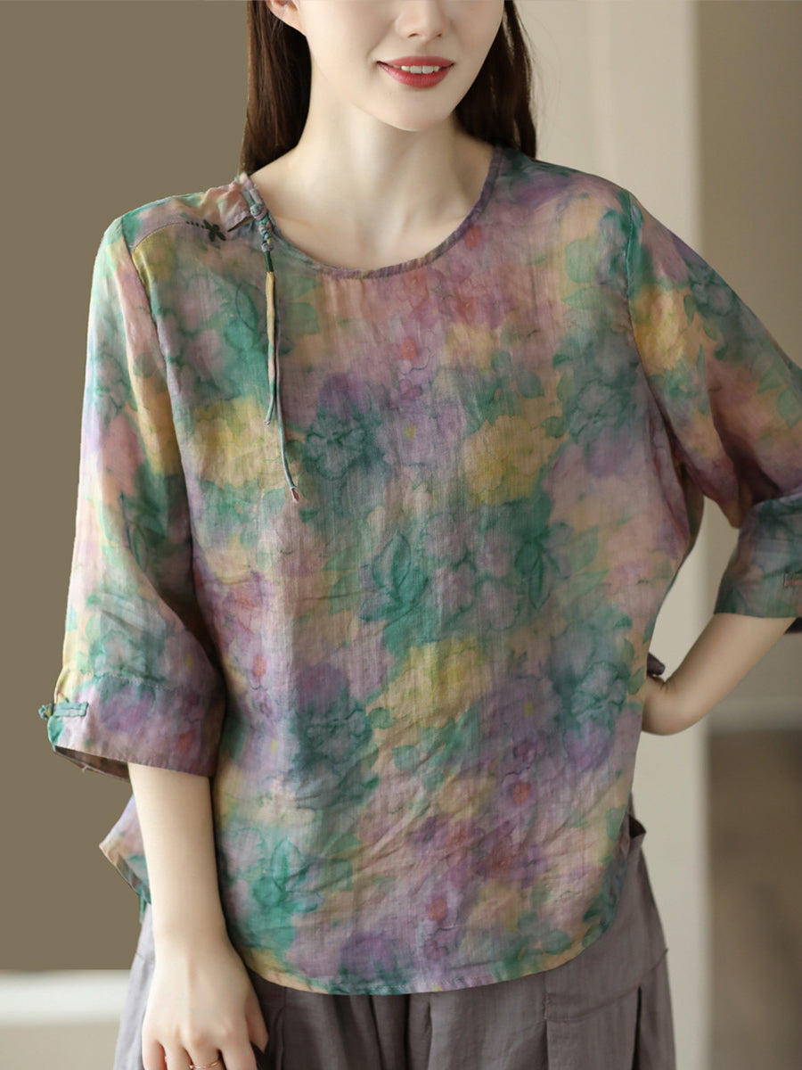 Women Vintage Summer Floral Frog Pullover Linen Shirt