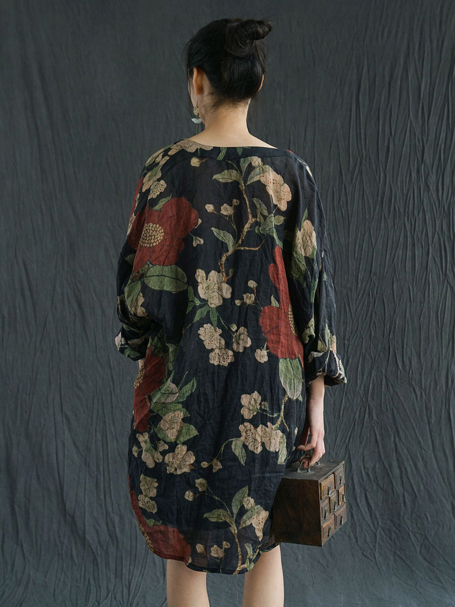 Plus Size Women Vintage Flower Print Ramie Spring Shirt