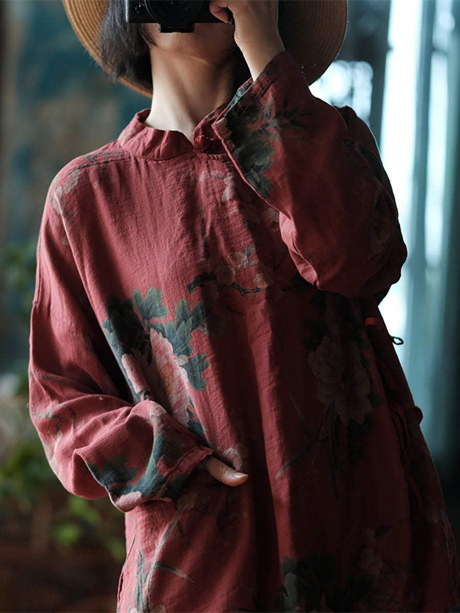 Plus Size Women Retro Flower Spring Loose Shirt