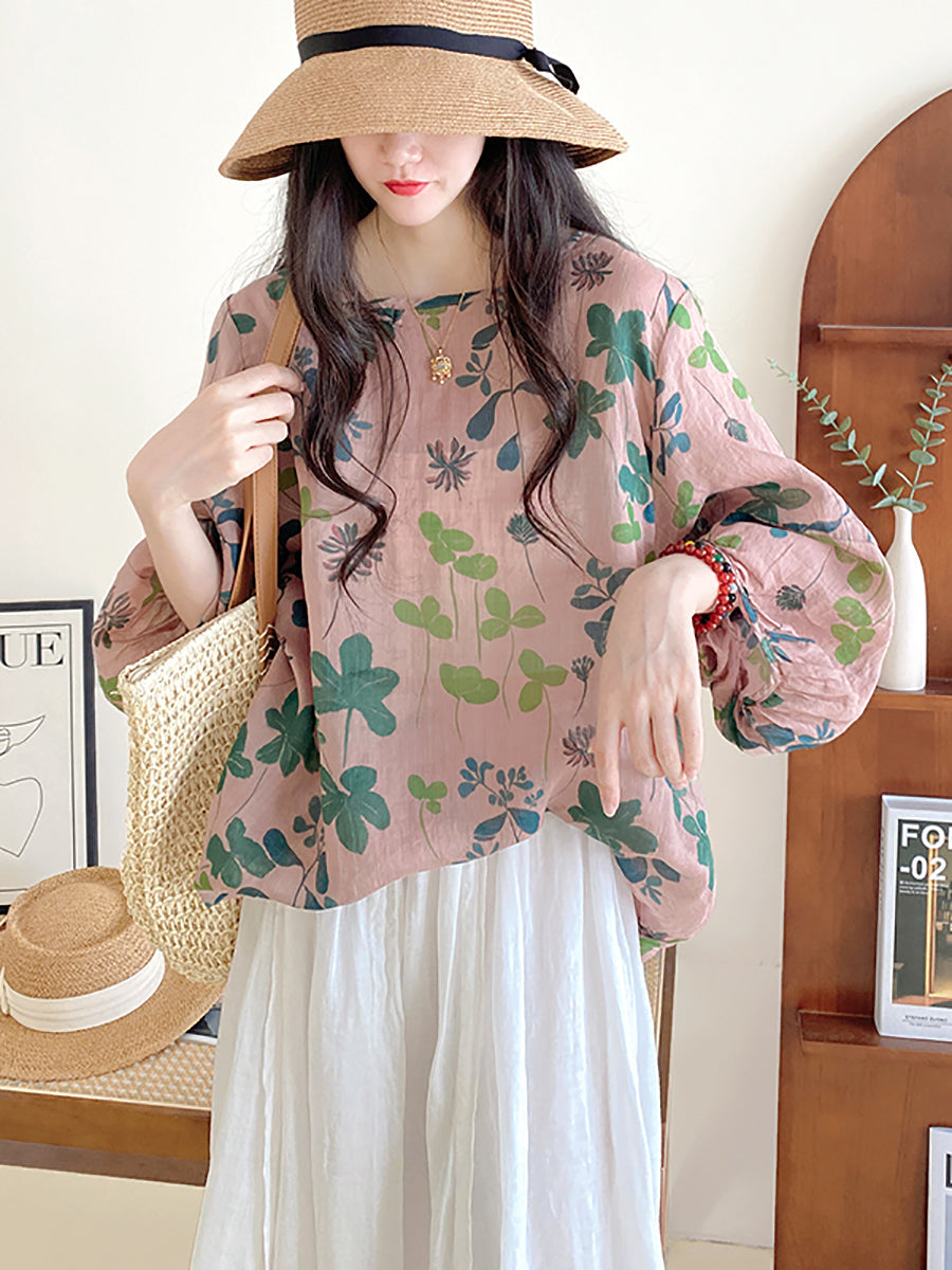 Plus Size Women Summer Artsy Flower Loose O-Neck Blouse