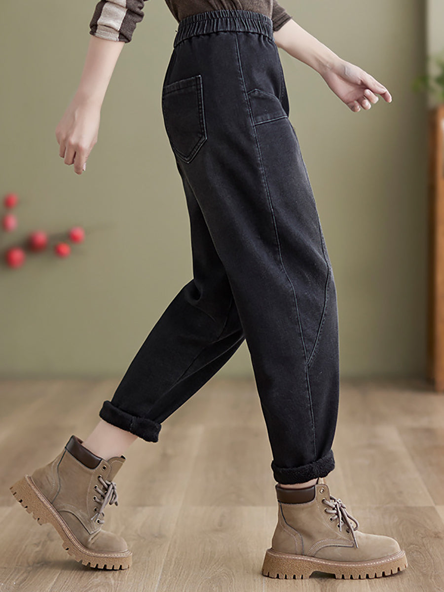 Women Autumn Vintage Solid Fleece-lined Denim Harem Pants