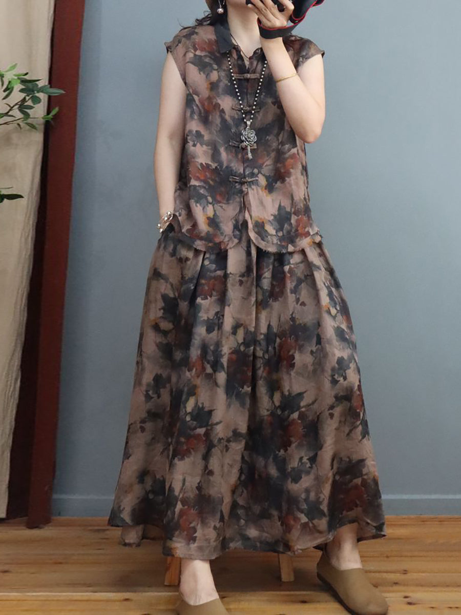 Plus Size Women Summer Ethnic Ink Flower Ramie Shirt/Skirt