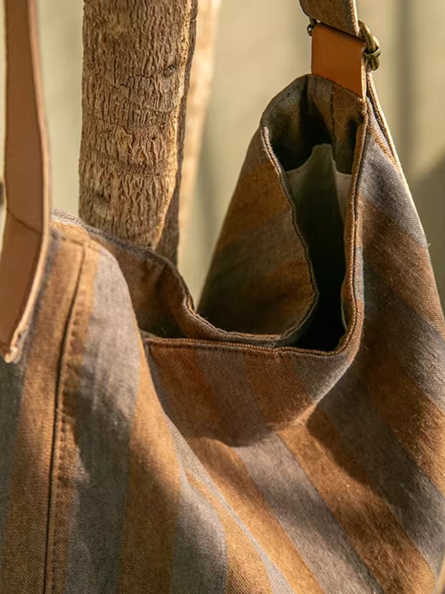 Casual Vintage Wash Colorblocking Stripe Canvas Bag