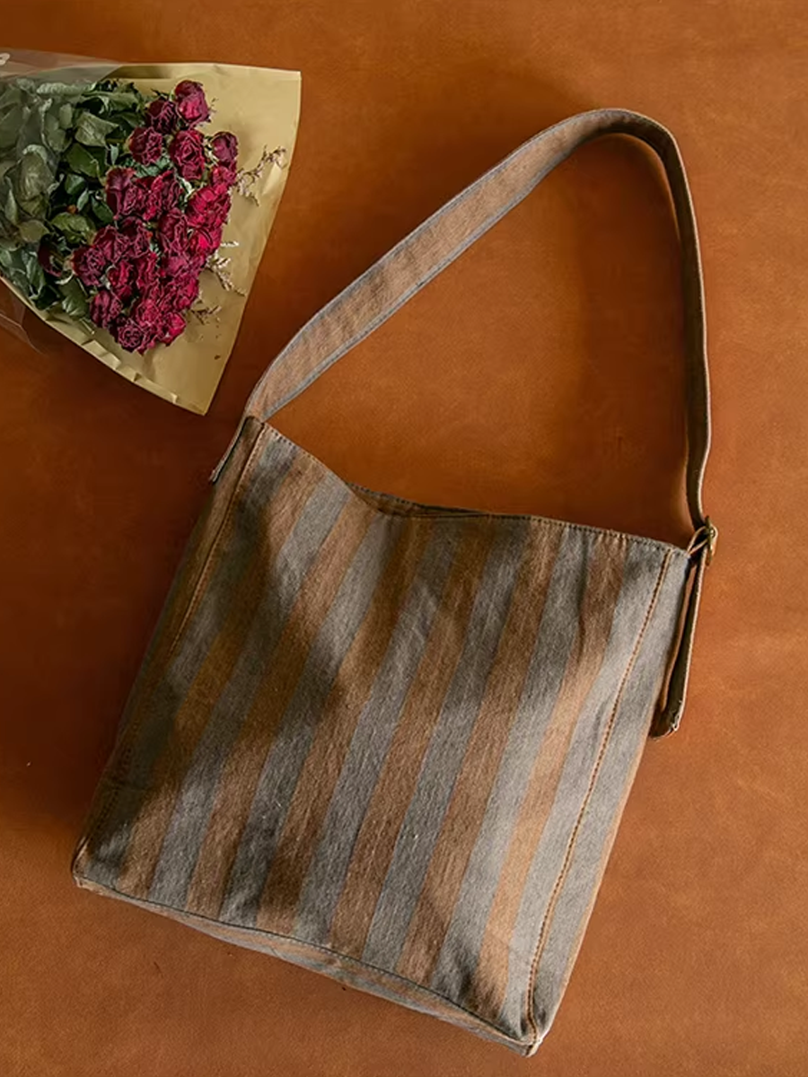 Casual Vintage Wash Colorblocking Stripe Canvas Bag