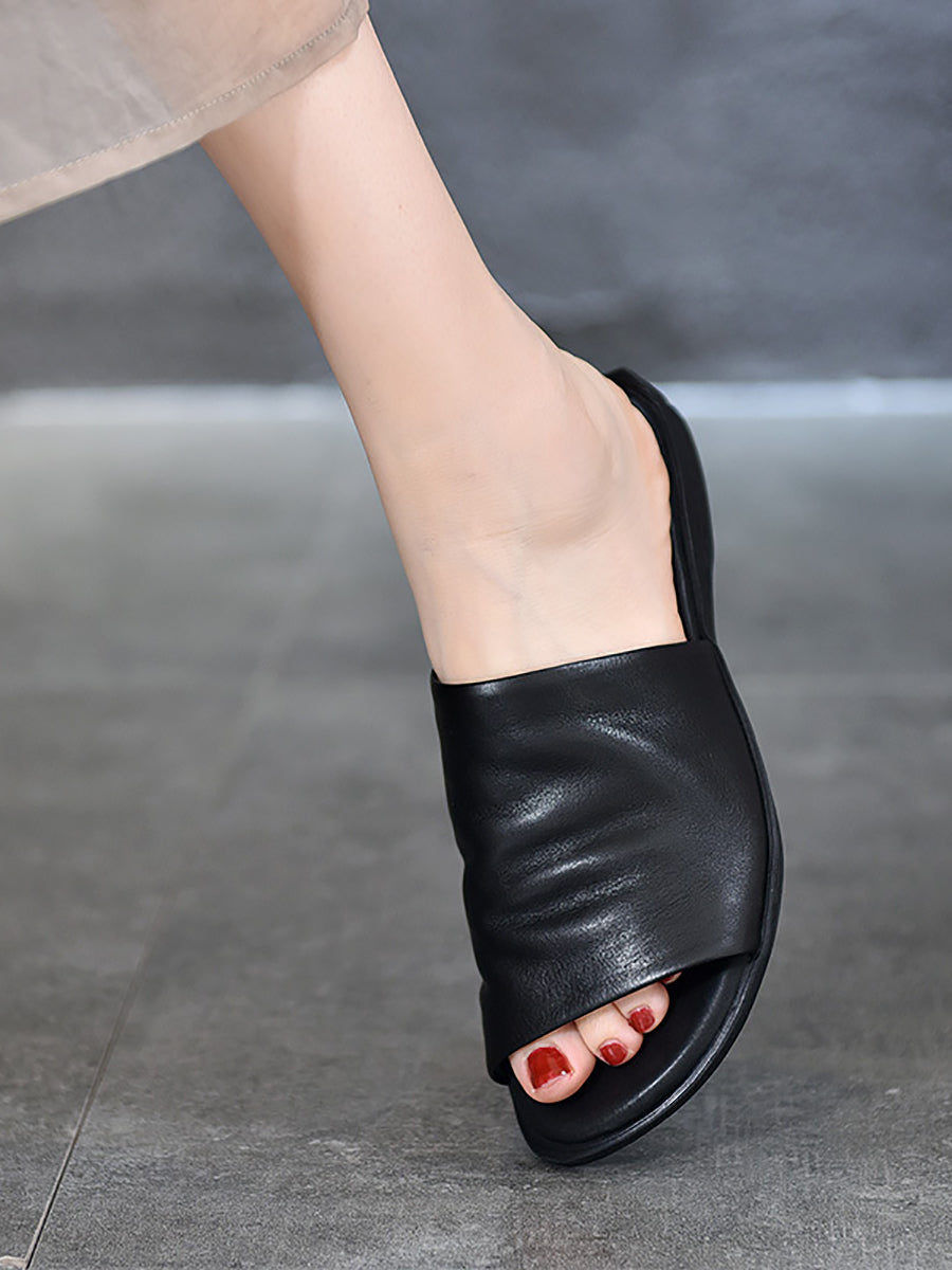 Women Summer Solid Soft Leather Flat Sandals