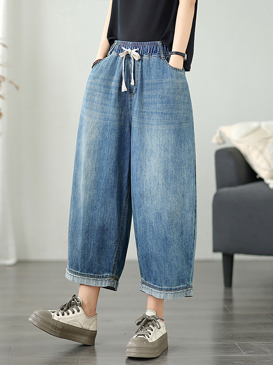 Plus Size Women Casual Summer Pure Color Wide-leg Jeans