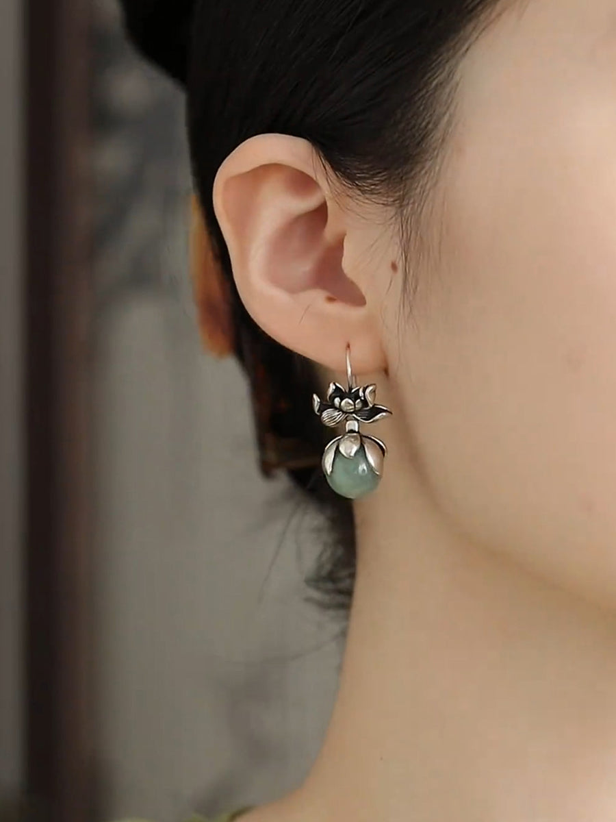 Women Vintage Jade Lotus Alloy Earrings