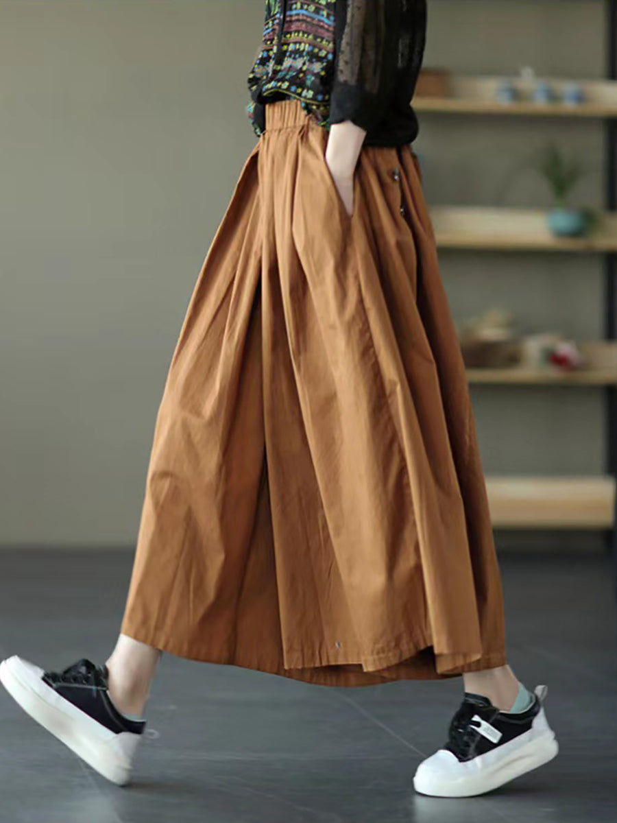 Plus Size Women Summer Solid Pleat Button Pocket Wide-leg Pants