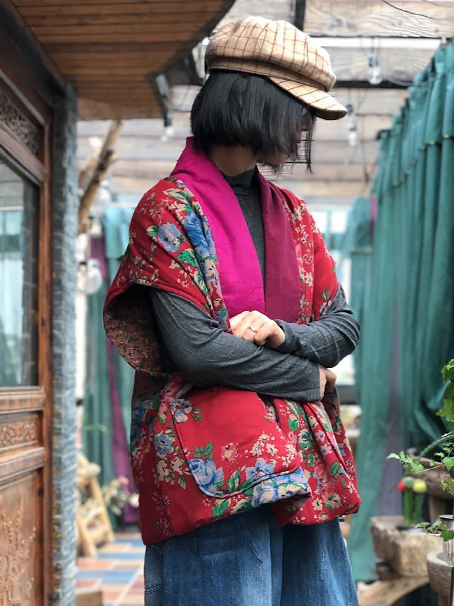 Plus Size Women Vintage Floral Spliced V-neck Vest Coat