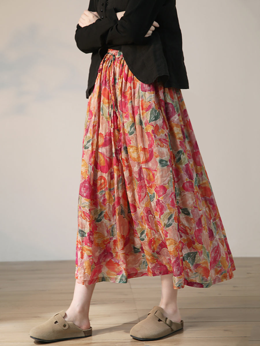 Plus Size Women Summer Artsy Flower Drawstring Ramie Skirt