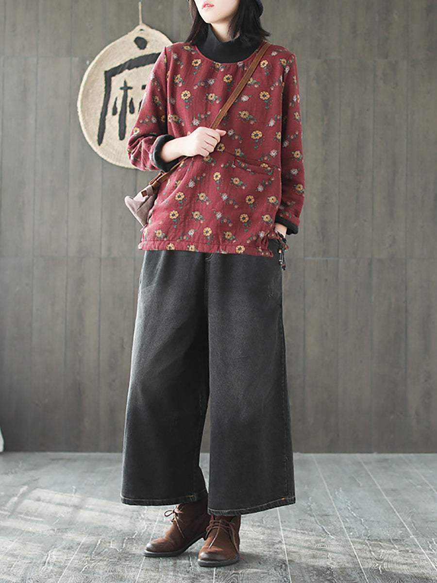 Plus Size Vintage Flower Half-high Collar Spliced Cotton Blouse