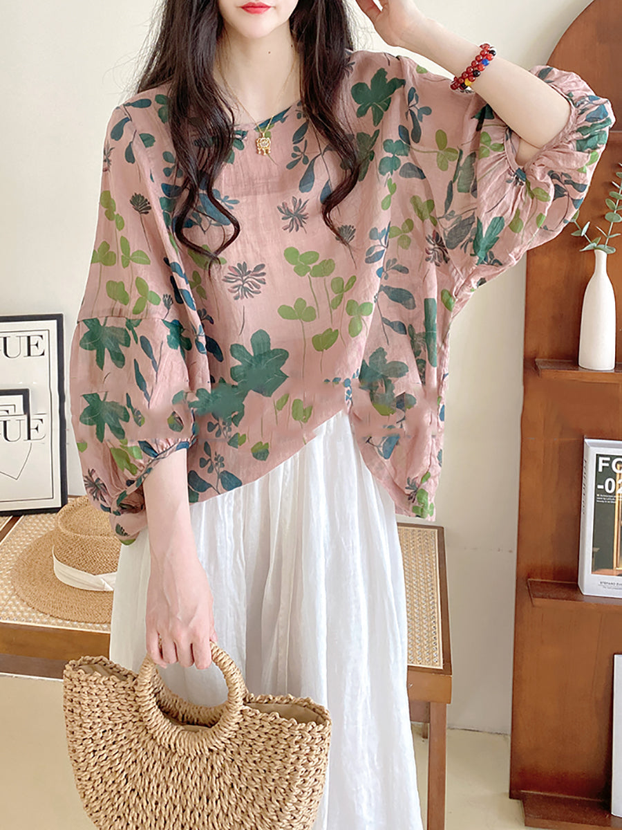Plus Size Women Summer Artsy Flower Loose O-Neck Blouse