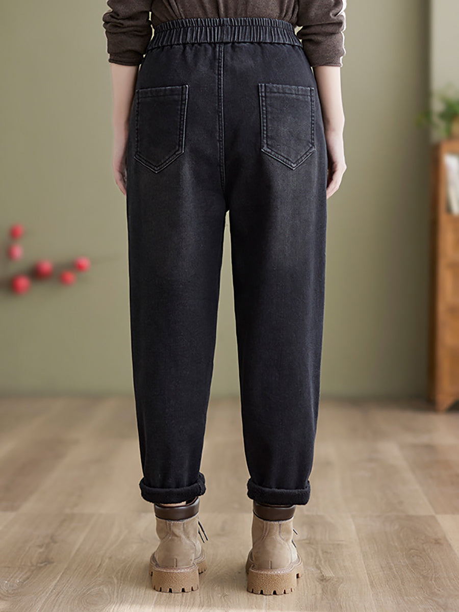 Women Autumn Vintage Solid Fleece-lined Denim Harem Pants