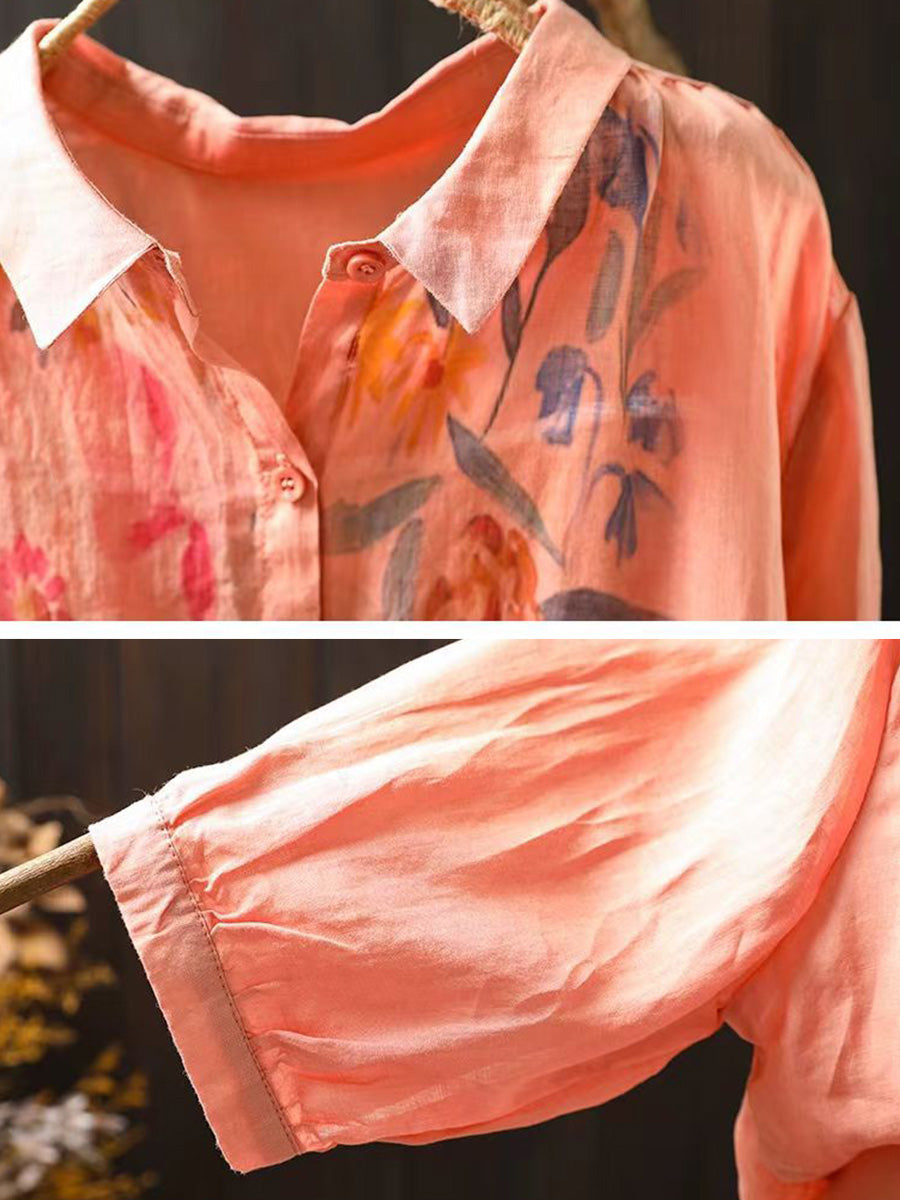 Plus Size Women Artsy Summer Flower Print Ramie Shirt