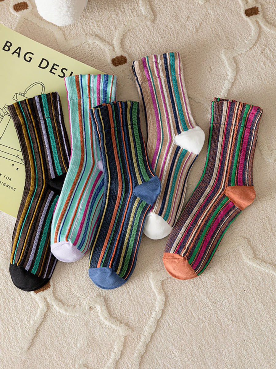 5 Pairs Stripe Adult Women Retro Autumn Winter Socks
