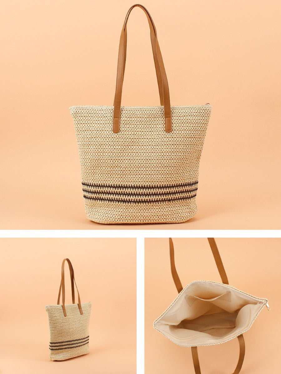 Women Casual Stripe Straw Weave Shoulder Bag