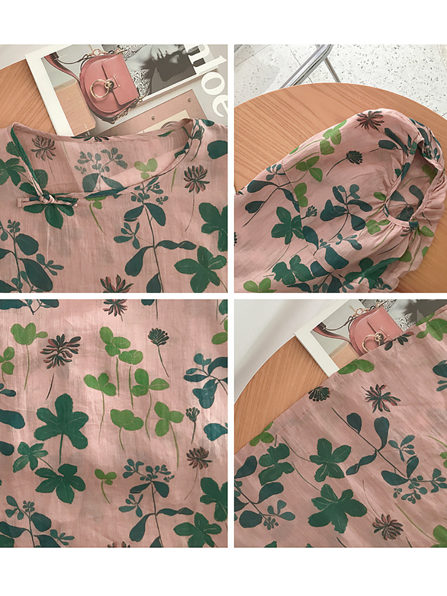 Plus Size Women Summer Artsy Flower Loose O-Neck Blouse