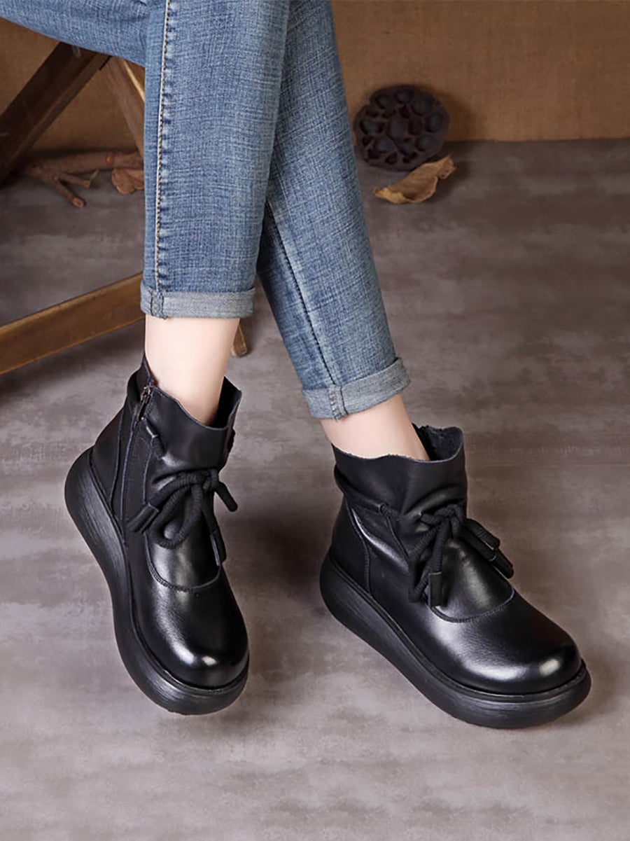 Women Vintage Winter Leather Spliced Platform Boots