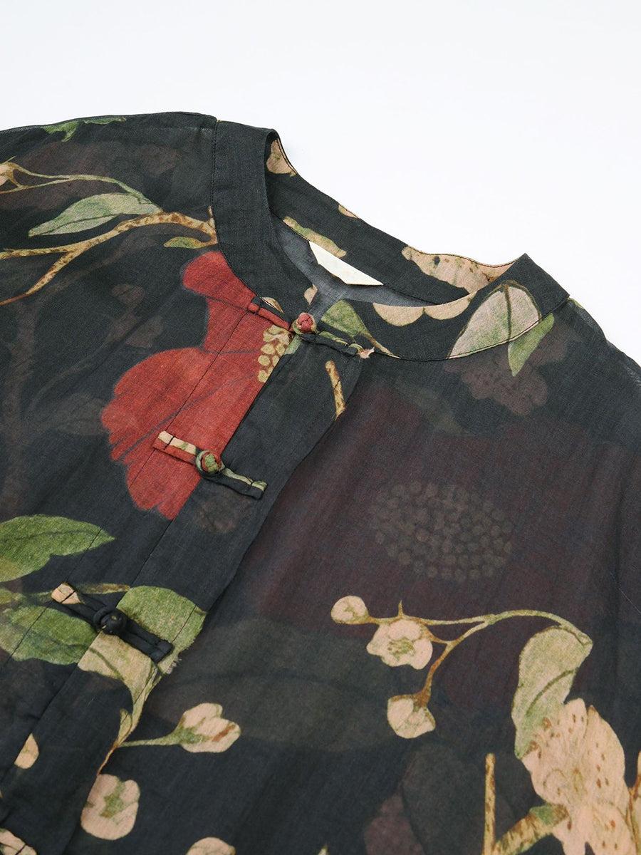Plus Size Women Vintage Flower Print Ramie Spring Shirt