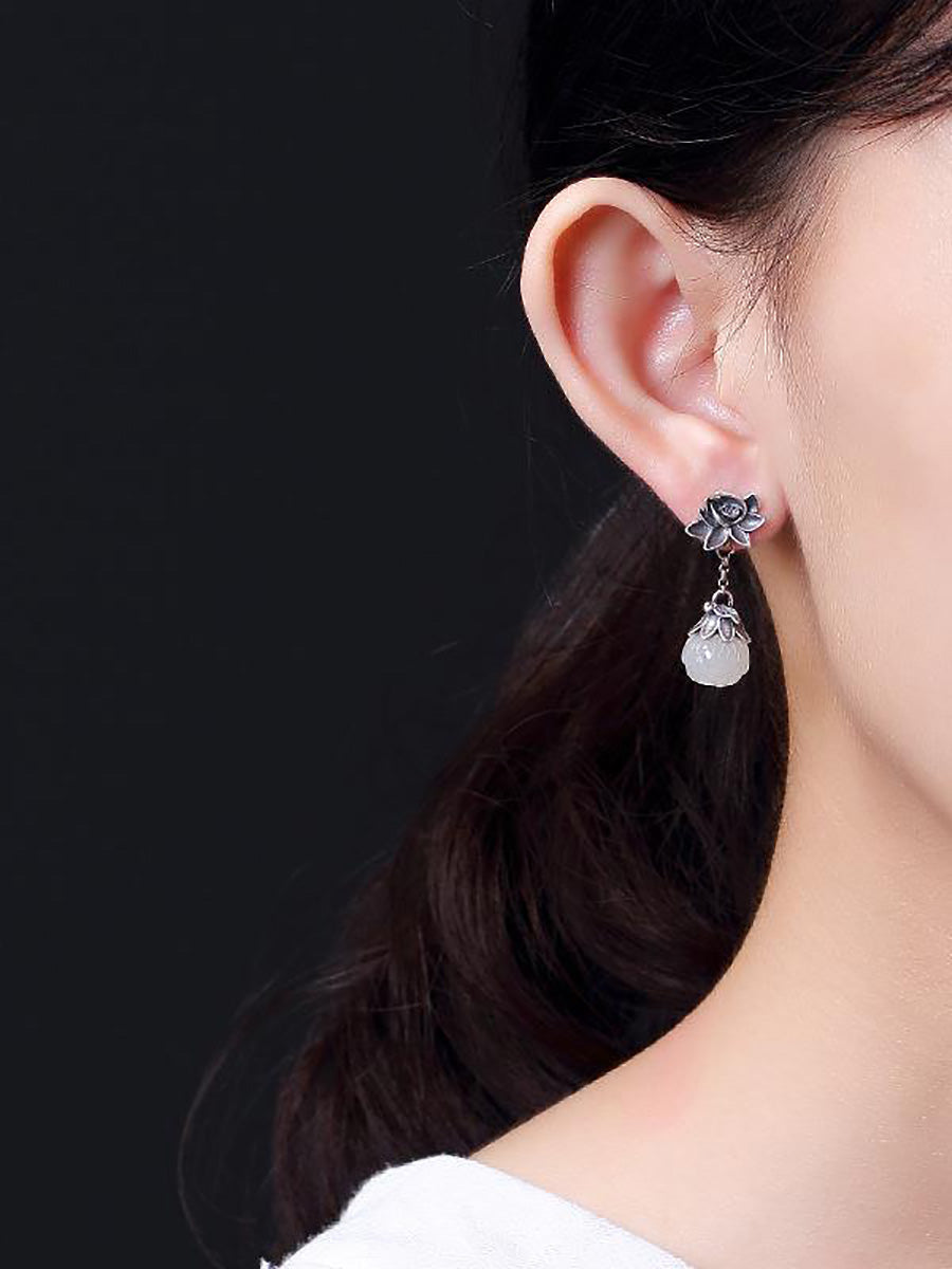 Women Vintage Allot Lotus Jade Earrings