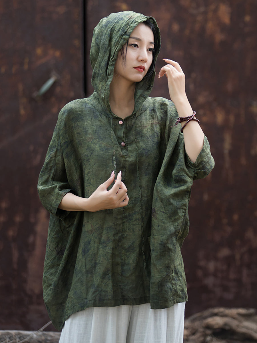 Plus Size Women Summer Vintage Tie-dye Batwing Sleeve Hooded Shirt