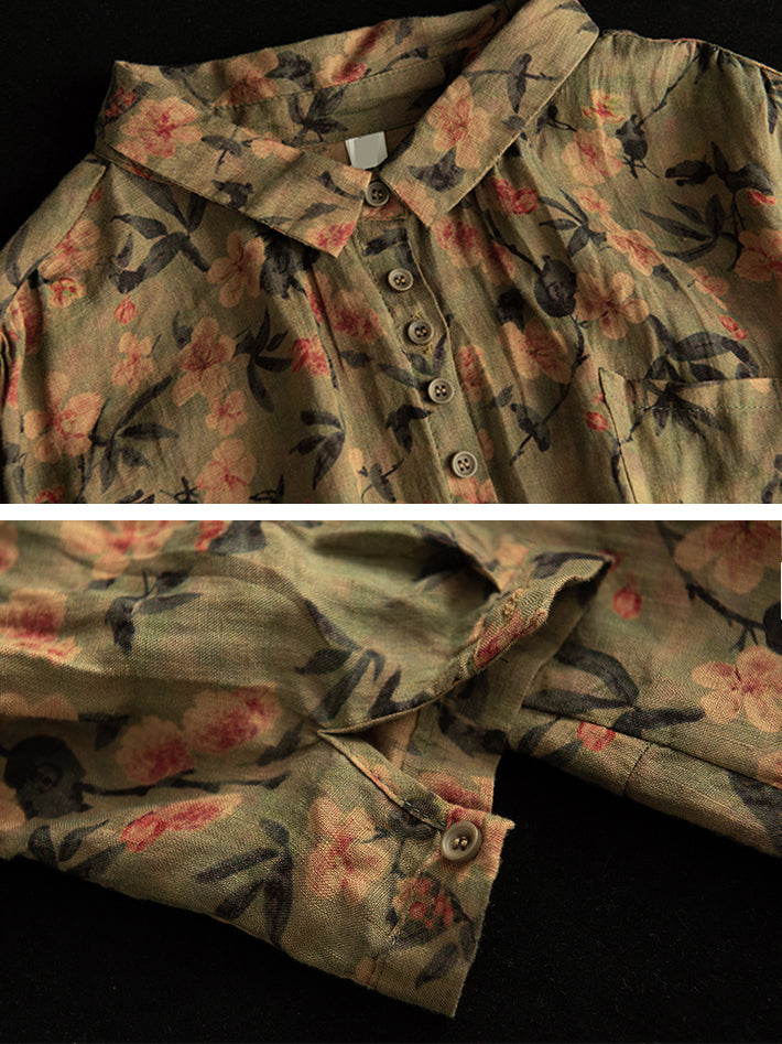 Summer Vintage Printed Linen Shirt Turn-down Collar Top