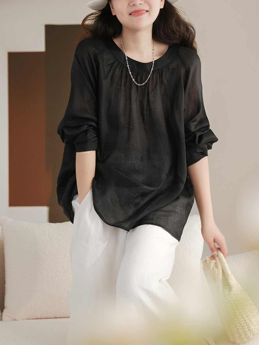 Plus Size Women Summer Solid Vintage Full Sleeve Ramie Blouse