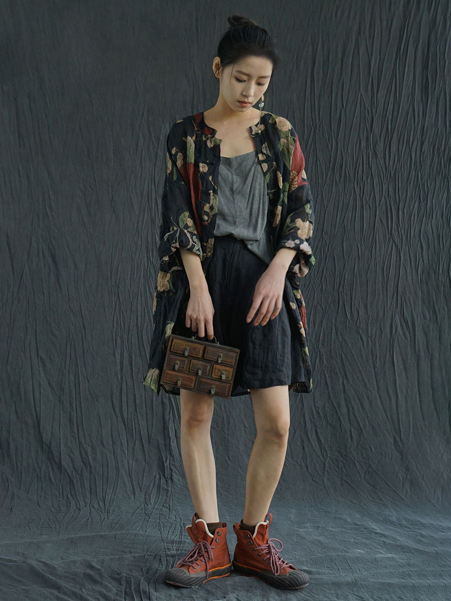 Plus Size Women Vintage Flower Print Ramie Spring Shirt