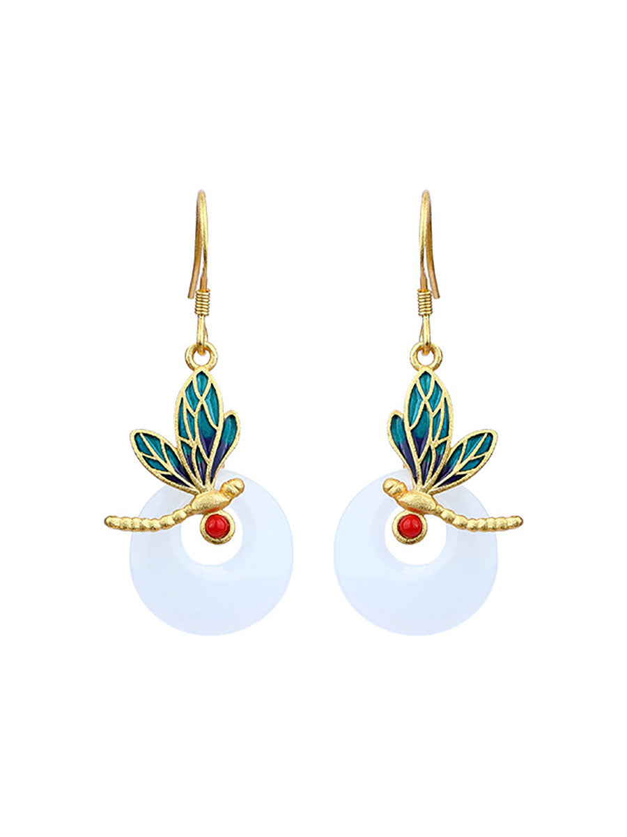 Women Vintage Dragonfly Enamel Round Jade Earrings