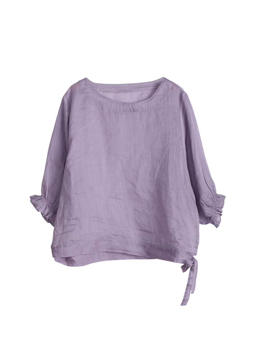 Women Casual Solid Summer Lacework Sleeve Drawstring Blouse