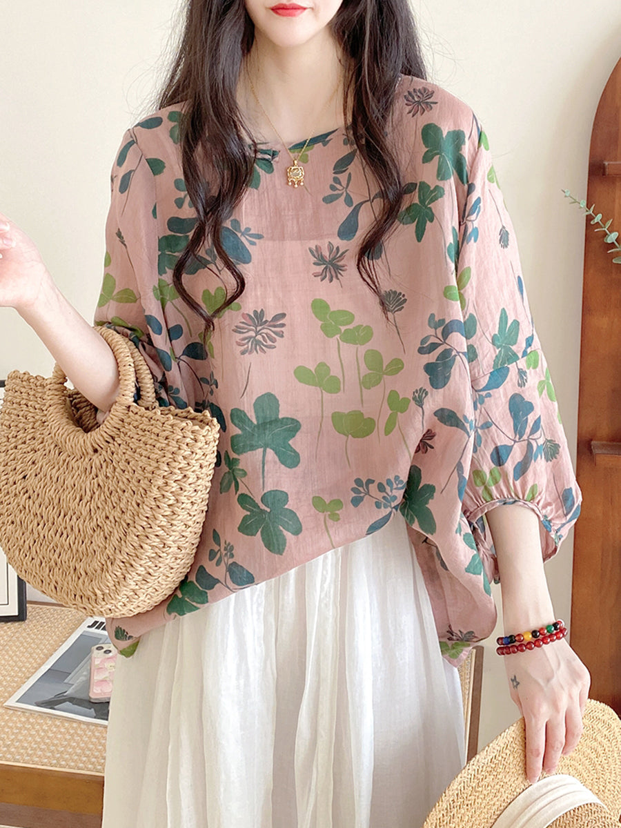 Plus Size Women Summer Artsy Flower Loose O-Neck Blouse