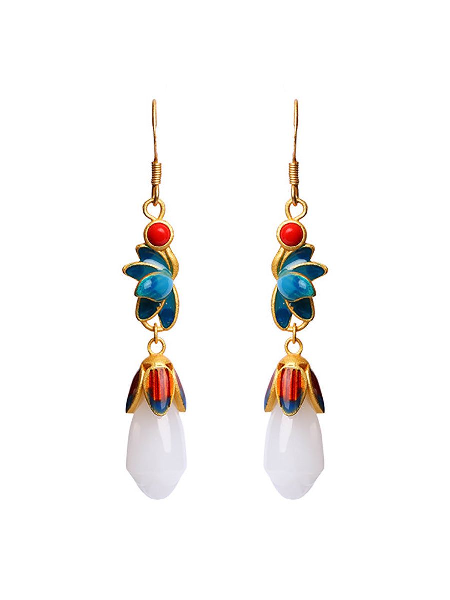 Women Vintage Flower Cloisonne Jade Mangnolia Silver Earrings