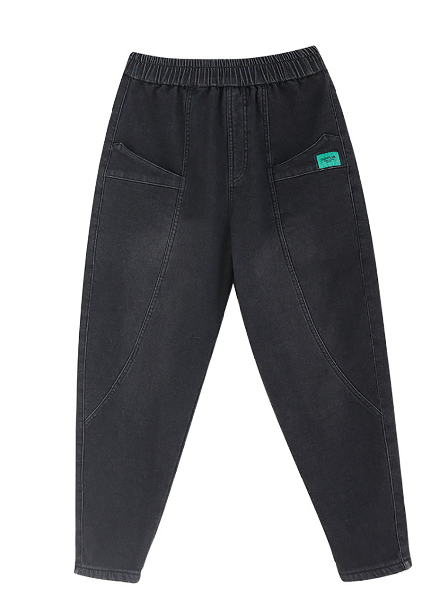 Women Autumn Vintage Solid Fleece-lined Denim Harem Pants