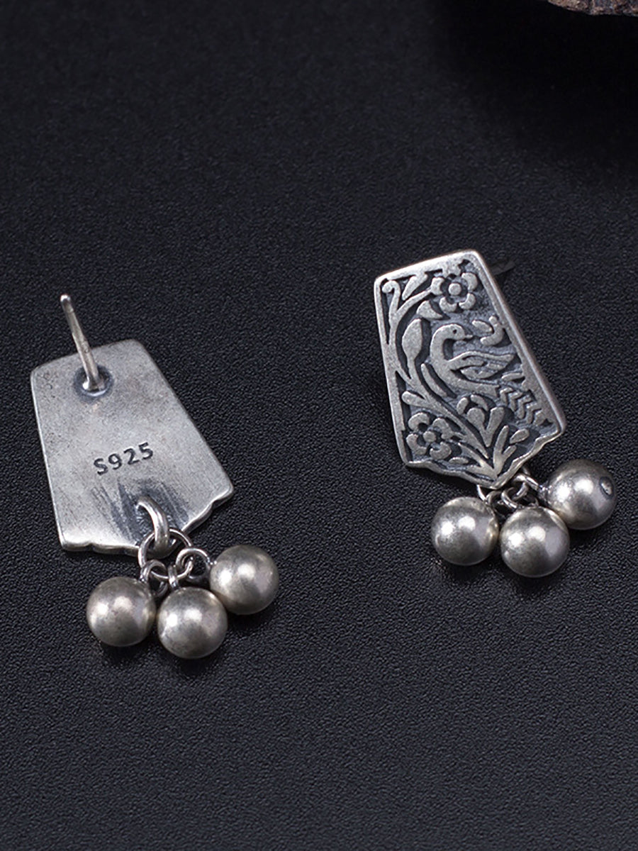Women Vintage Silver Carve Bead Pendant Earrings