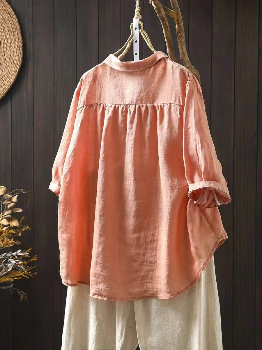 Plus Size Women Artsy Summer Flower Print Ramie Shirt