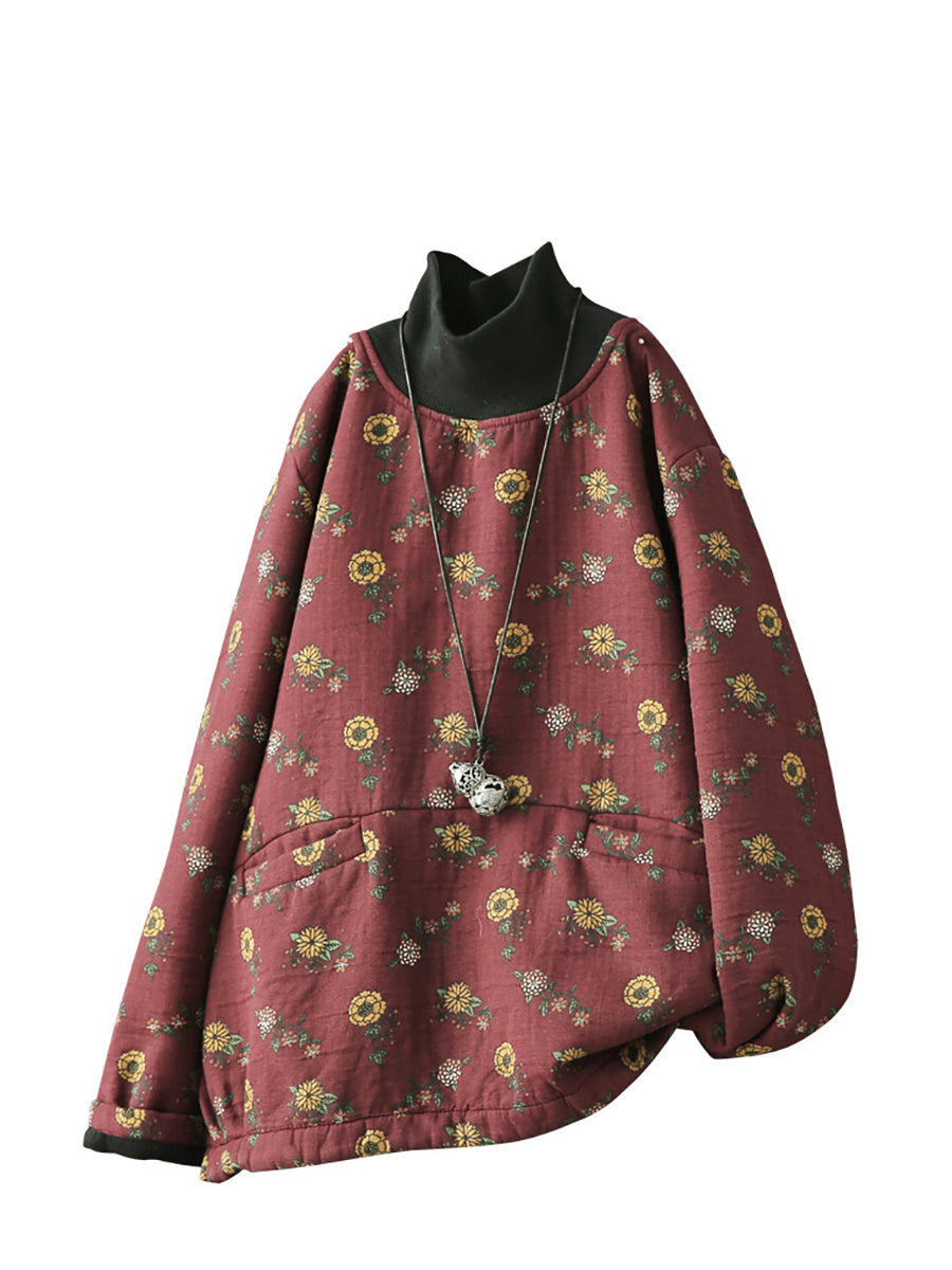 Plus Size Vintage Flower Half-high Collar Spliced Cotton Blouse