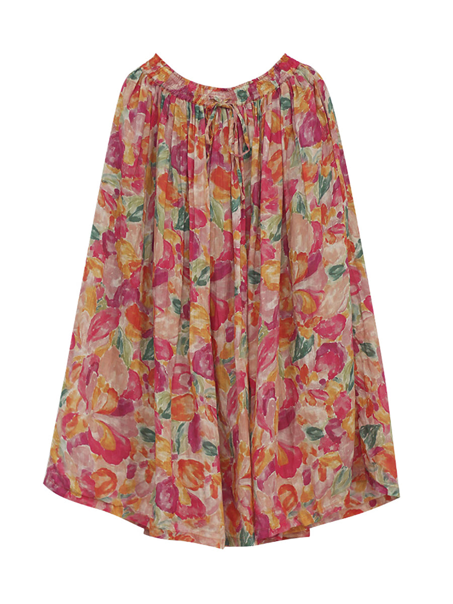 Plus Size Women Summer Artsy Flower Drawstring Ramie Skirt