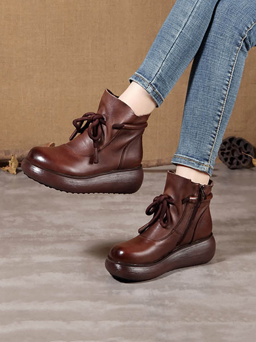 Women Vintage Winter Leather Spliced Platform Boots