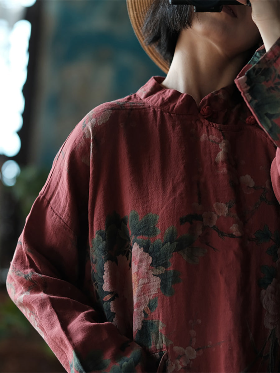 Plus Size Women Retro Flower Spring Loose Shirt