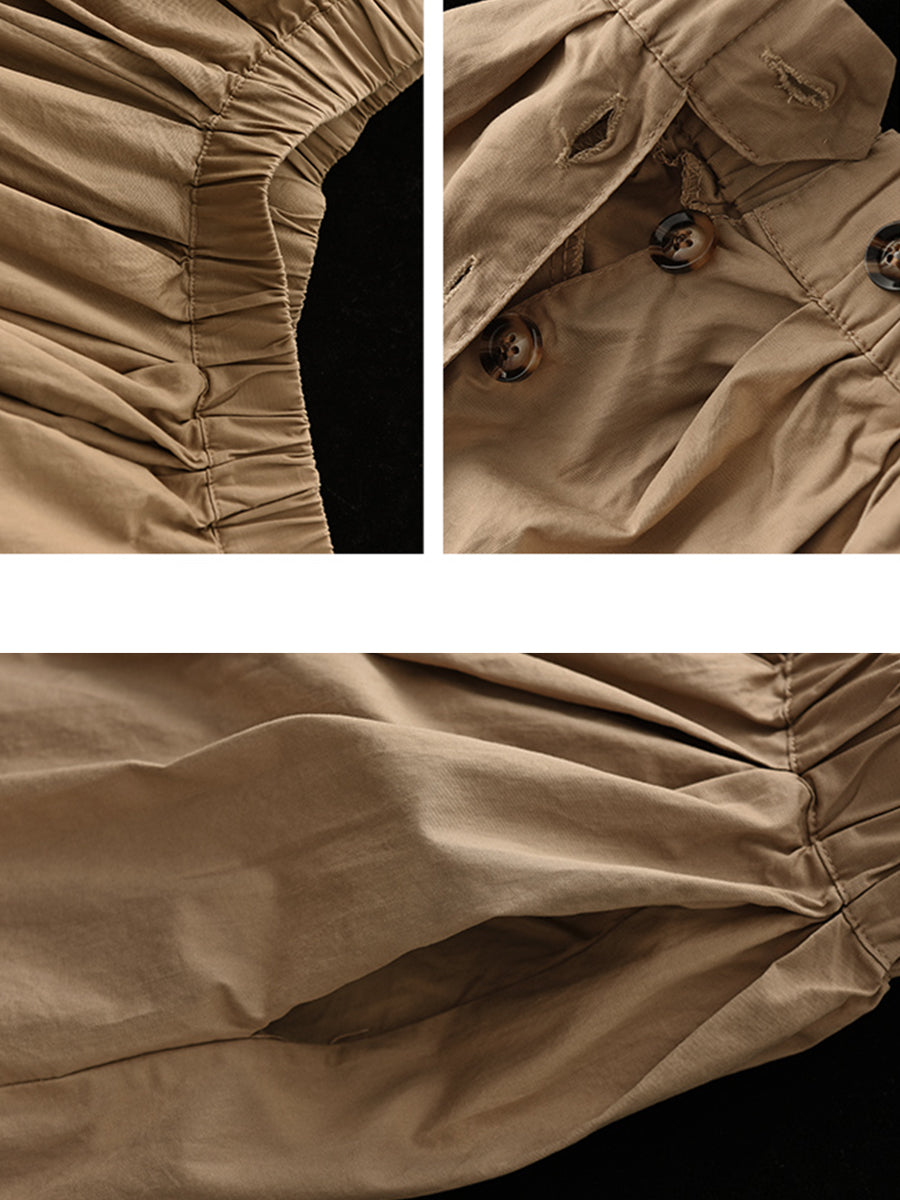 Plus Size Women Summer Solid Pleat Button Pocket Wide-leg Pants