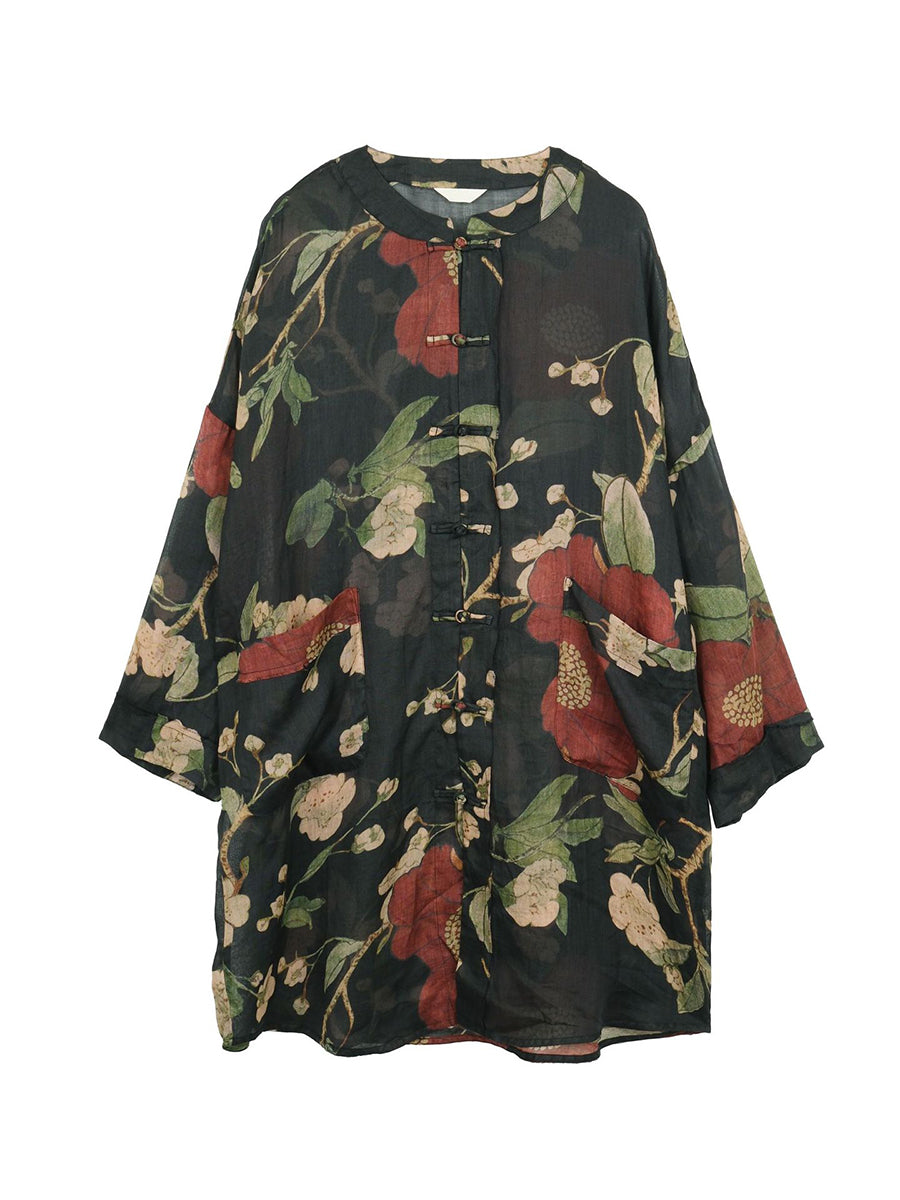 Plus Size Women Vintage Flower Print Ramie Spring Shirt