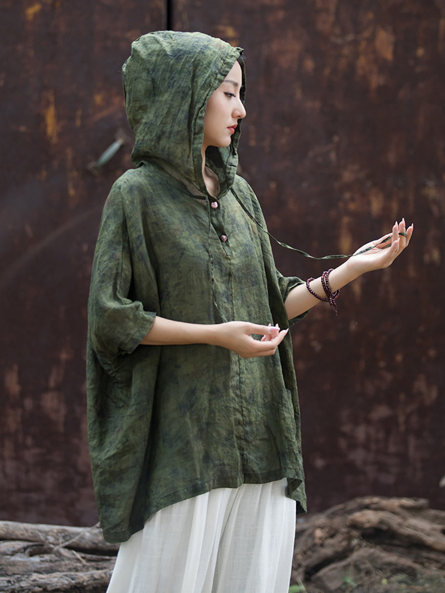 Plus Size Women Summer Vintage Tie-dye Batwing Sleeve Hooded Shirt