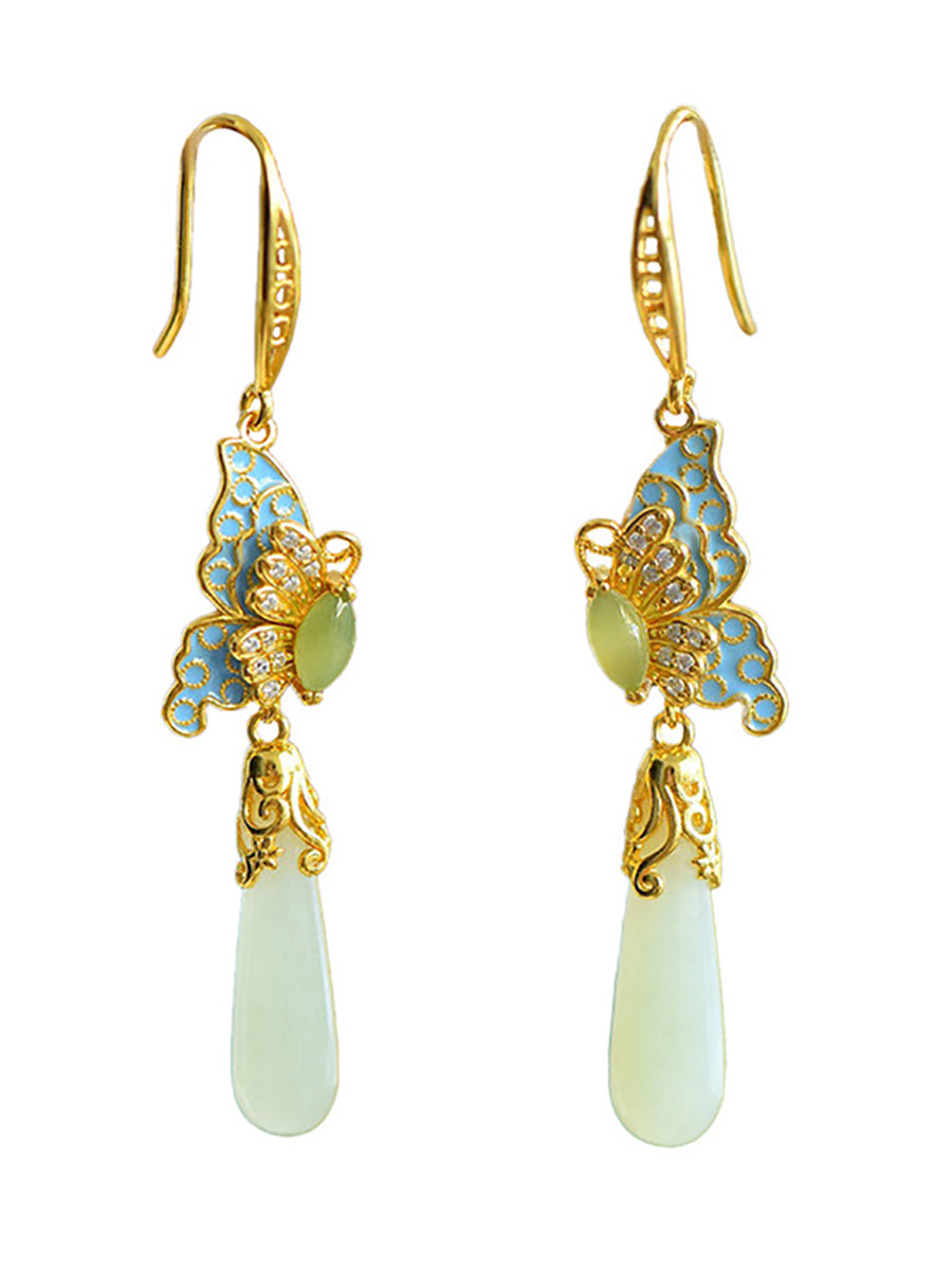 Women Ethnic Jade Enamel Butterfly S925Silver Earrings