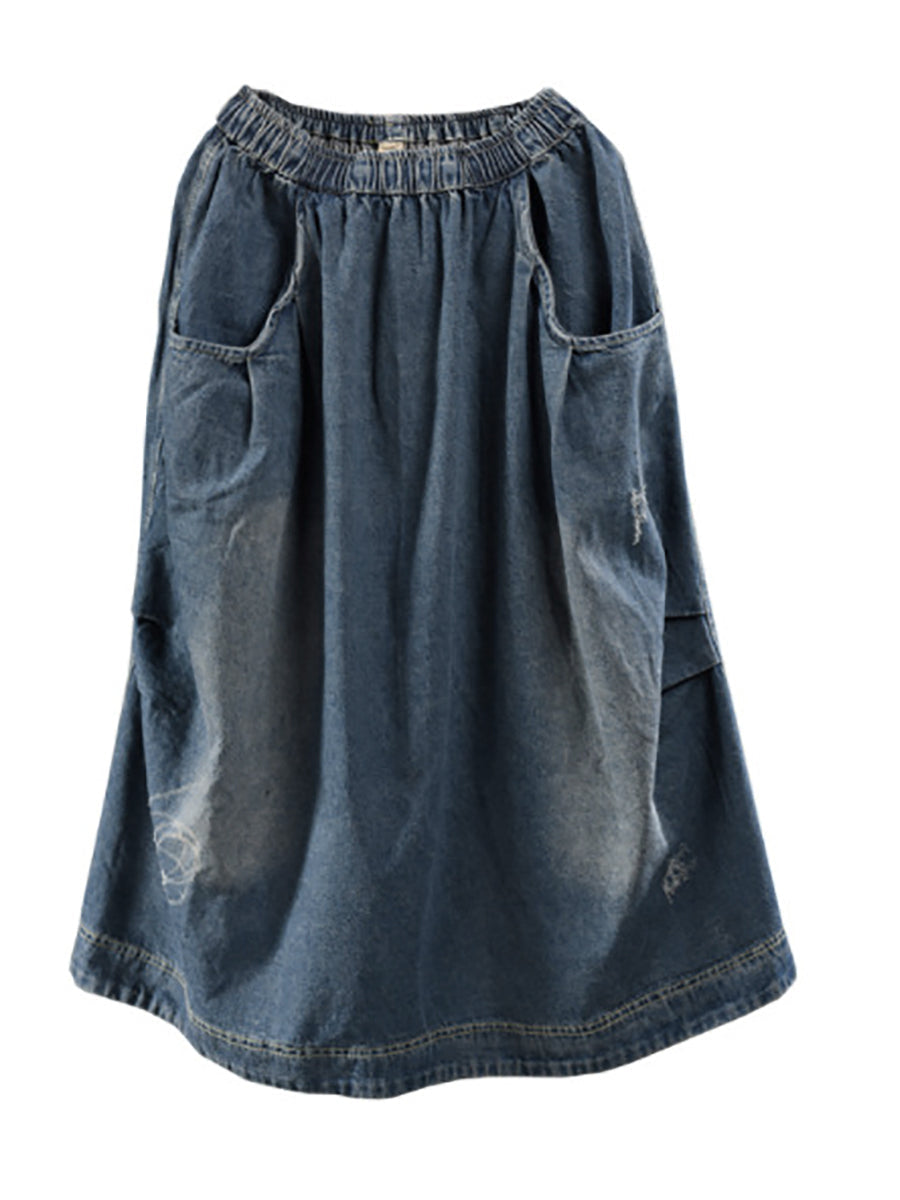 Plus Size Women Retro Fade Pocket Elastic Waist Denim Skirt