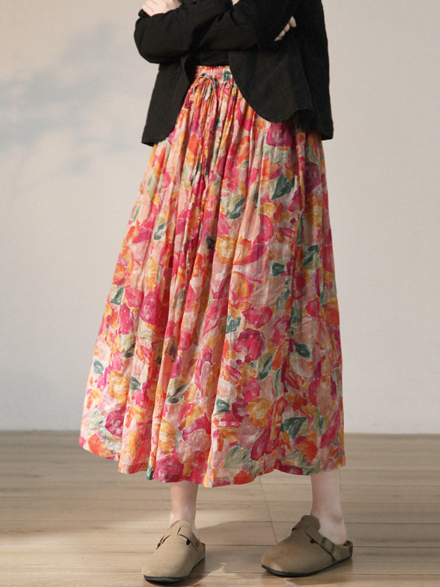 Plus Size Women Summer Artsy Flower Drawstring Ramie Skirt