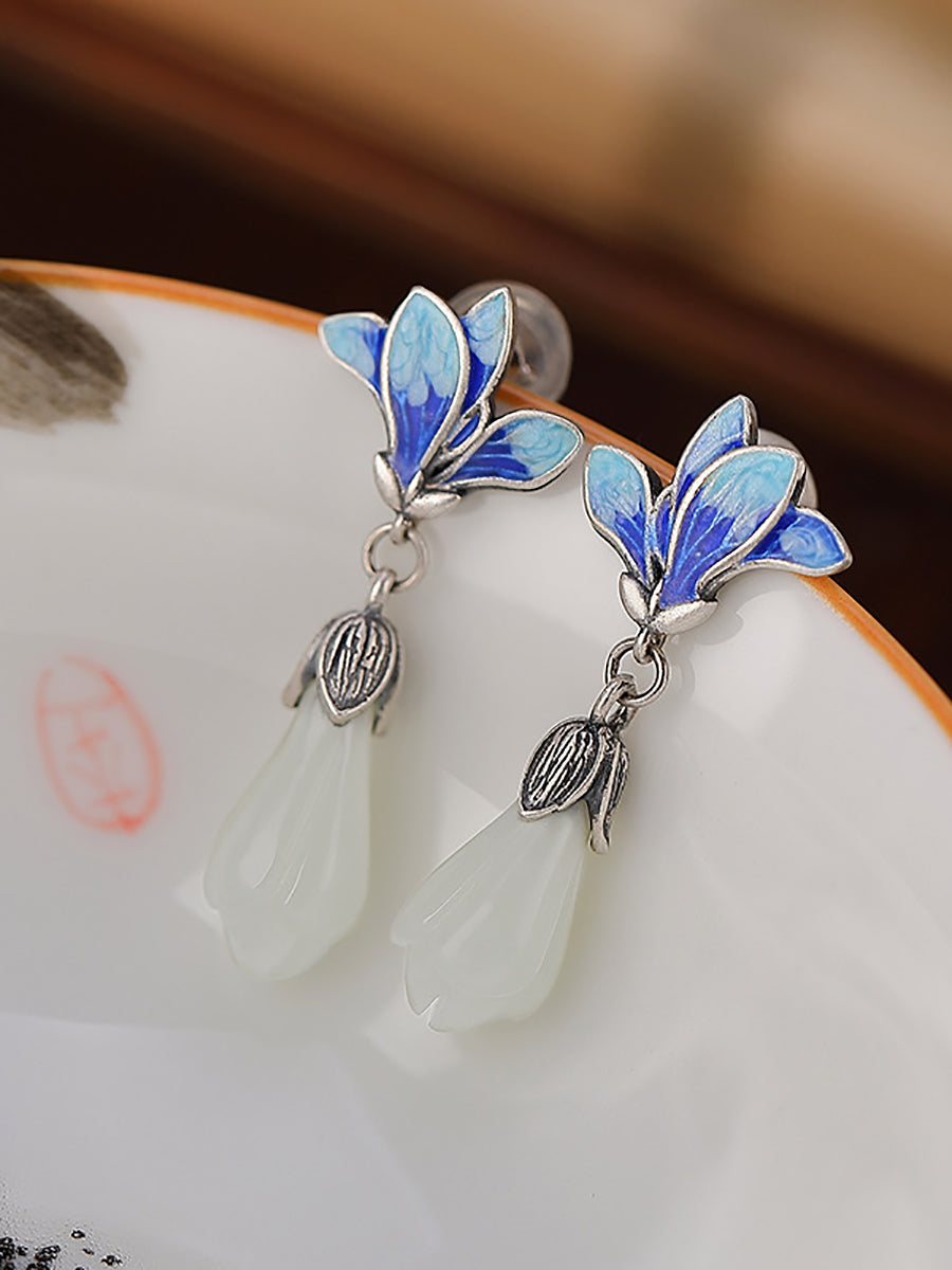 Women Ethnic Jade Magnolia Enamel Flower