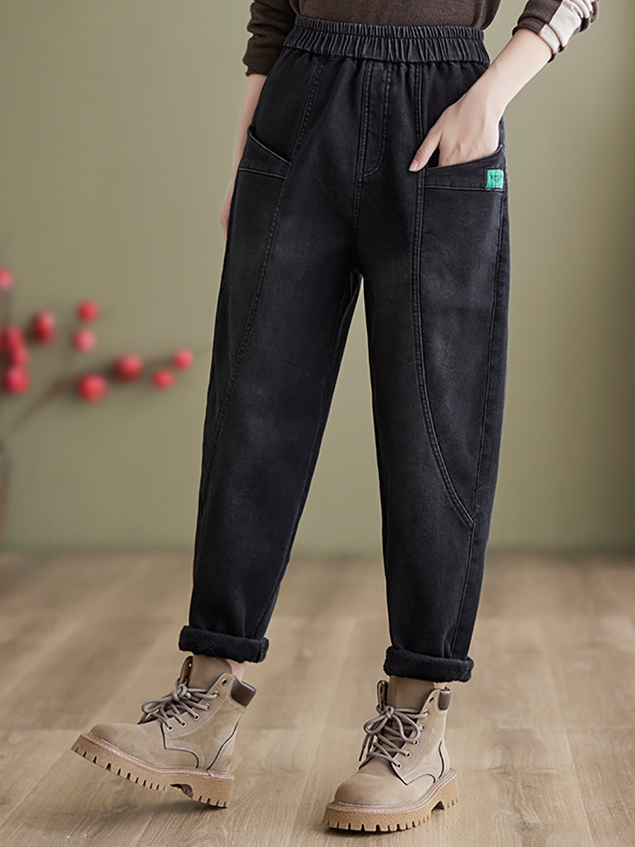Women Autumn Vintage Solid Fleece-lined Denim Harem Pants