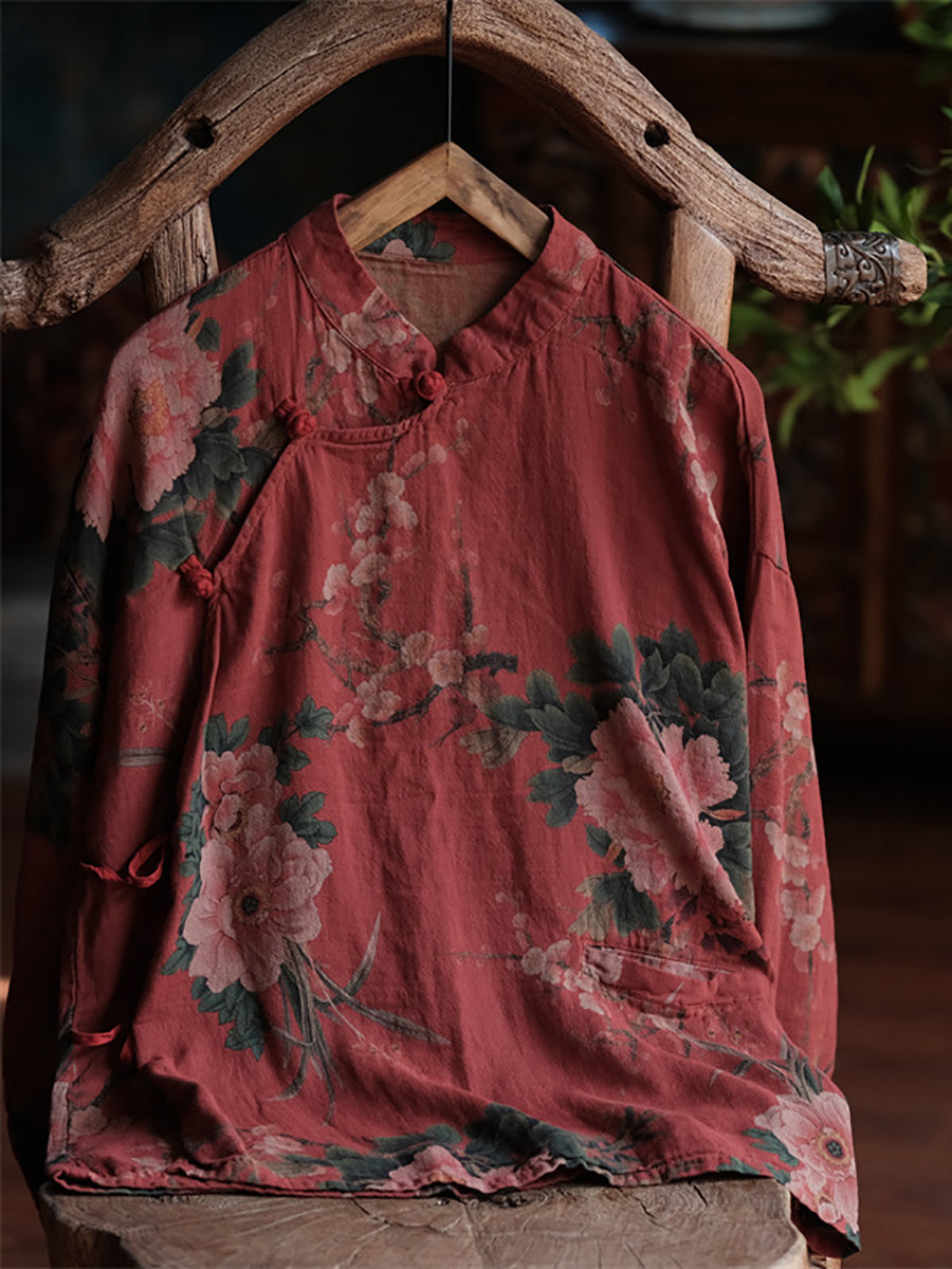 Plus Size Women Retro Flower Spring Loose Shirt